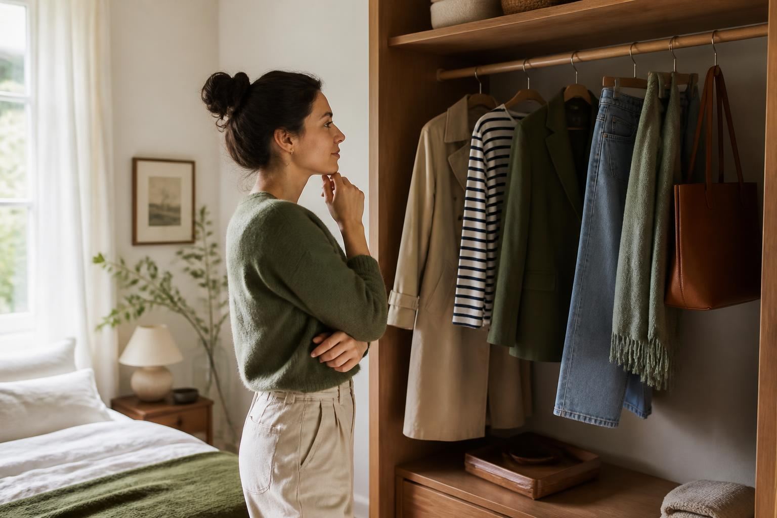Eine Frau steht nachdenklich vor ihrem offenen Kleiderschrank mit Trenchcoat, Streifenpullover, Blazer und Jeans.