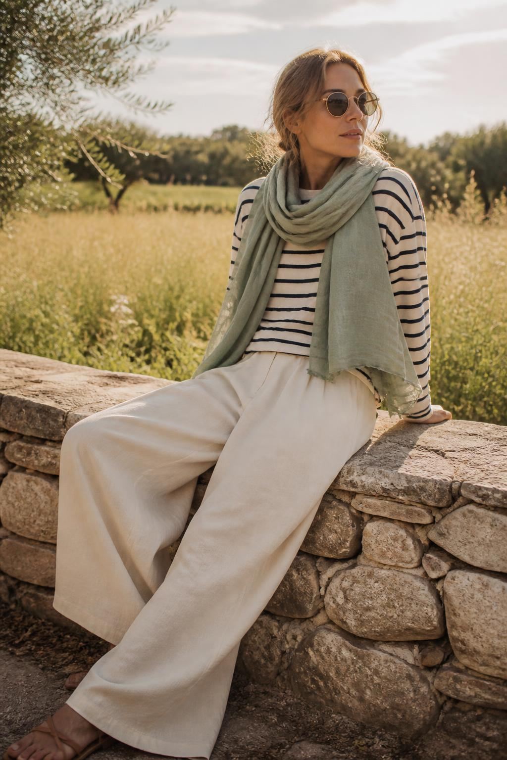 Frau mit Streifenpullover, Salbei-Schal und weiter Leinenhose sitzt auf einer Steinmauer im Sommer.