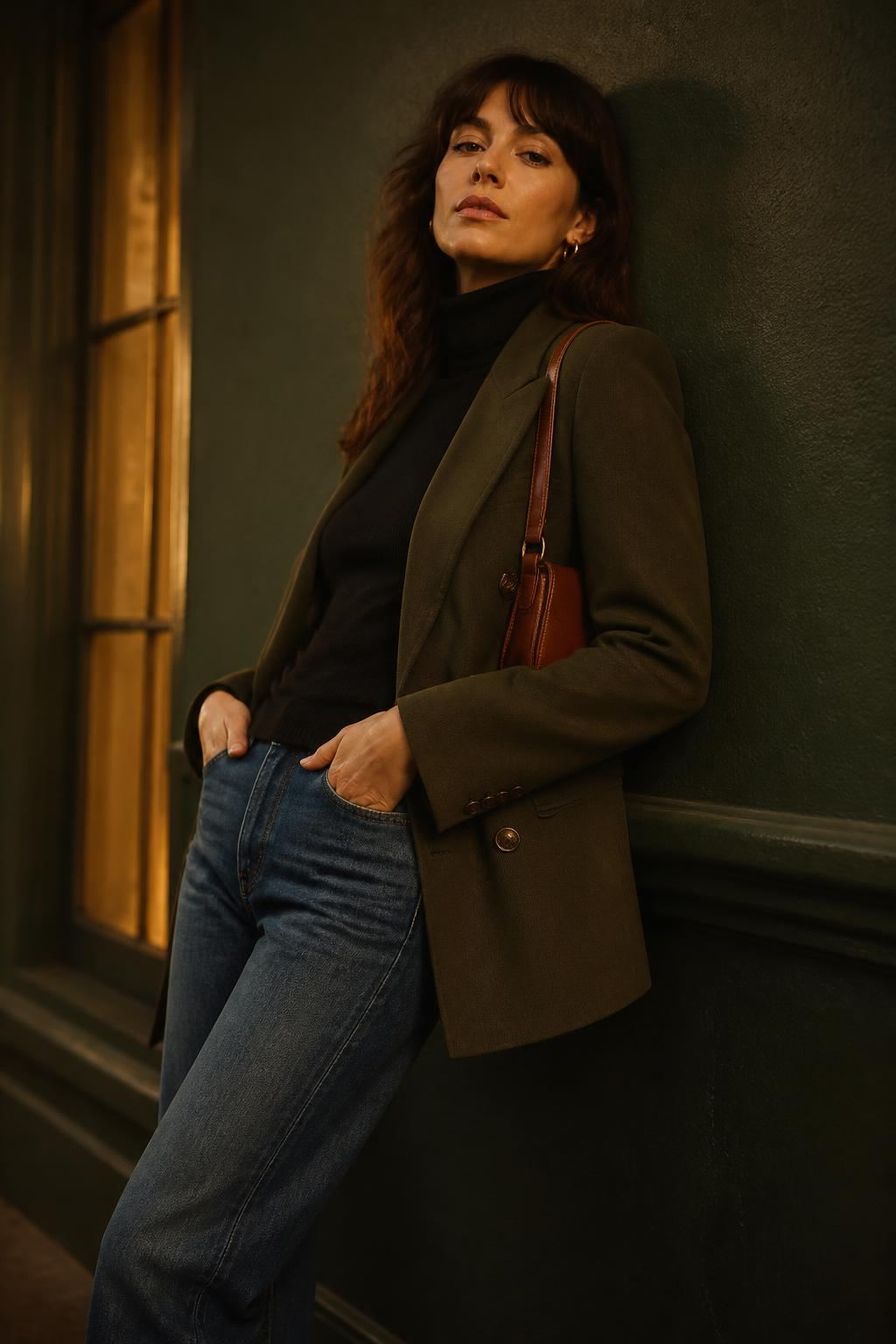 Frau in Blazer, schwarzem Rollkragen und Jeans lehnt am Abend an einer dunklen Wand.