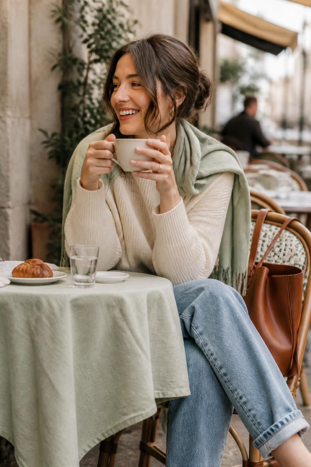 Lachende Frau mit Strickpullover, Salbei-Schal und Jeans in einem Straßencafé.