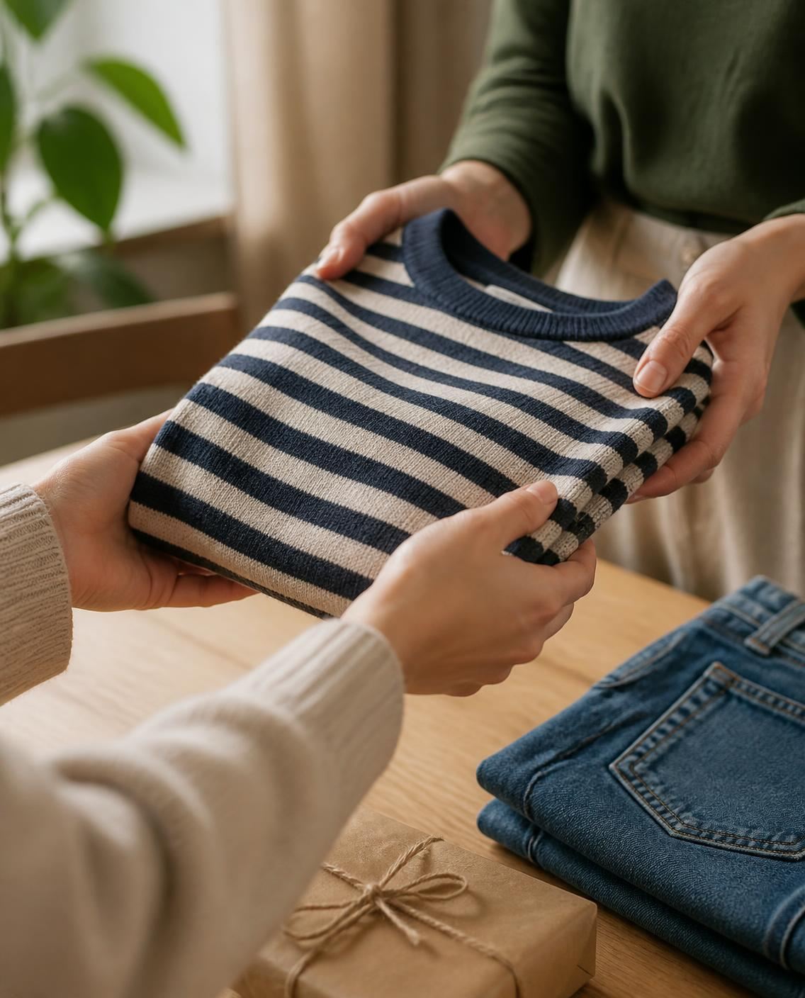 Zwei Hände reichen einen gefalteten Streifenpullover weiter, daneben eine Jeans und ein Päckchen.